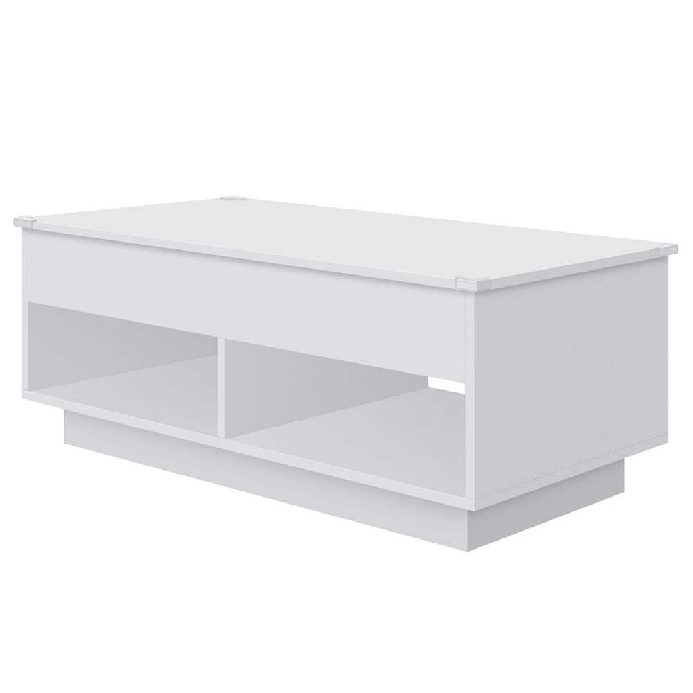 40" Modern Lift Top Coffee Table with Hidden Compartment White Coffee Table with LED Lights High Gloss Cocktail End Table with Open Shelf