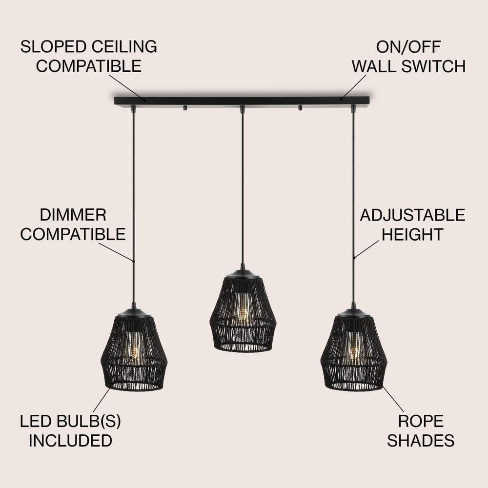 30" 3-Light Ibiza Island Woven Rope/Metal Bohemian Coastal Linear Pendant (Includes LED Light Bulb) Black - JONATHAN Y