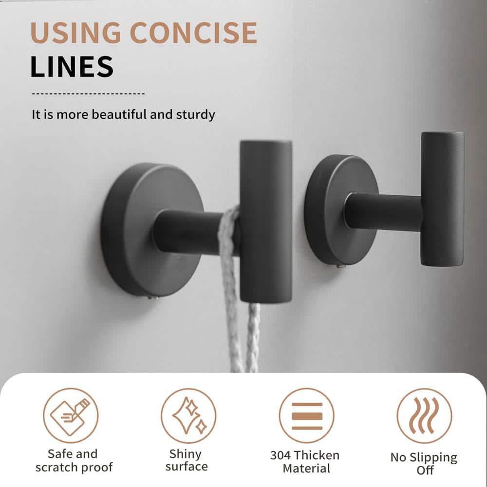 BWE 4-Pieces Round Shape J-Hook Robe/Towel Hook Wall Mount Bathroom Storage Modern in Matte Black