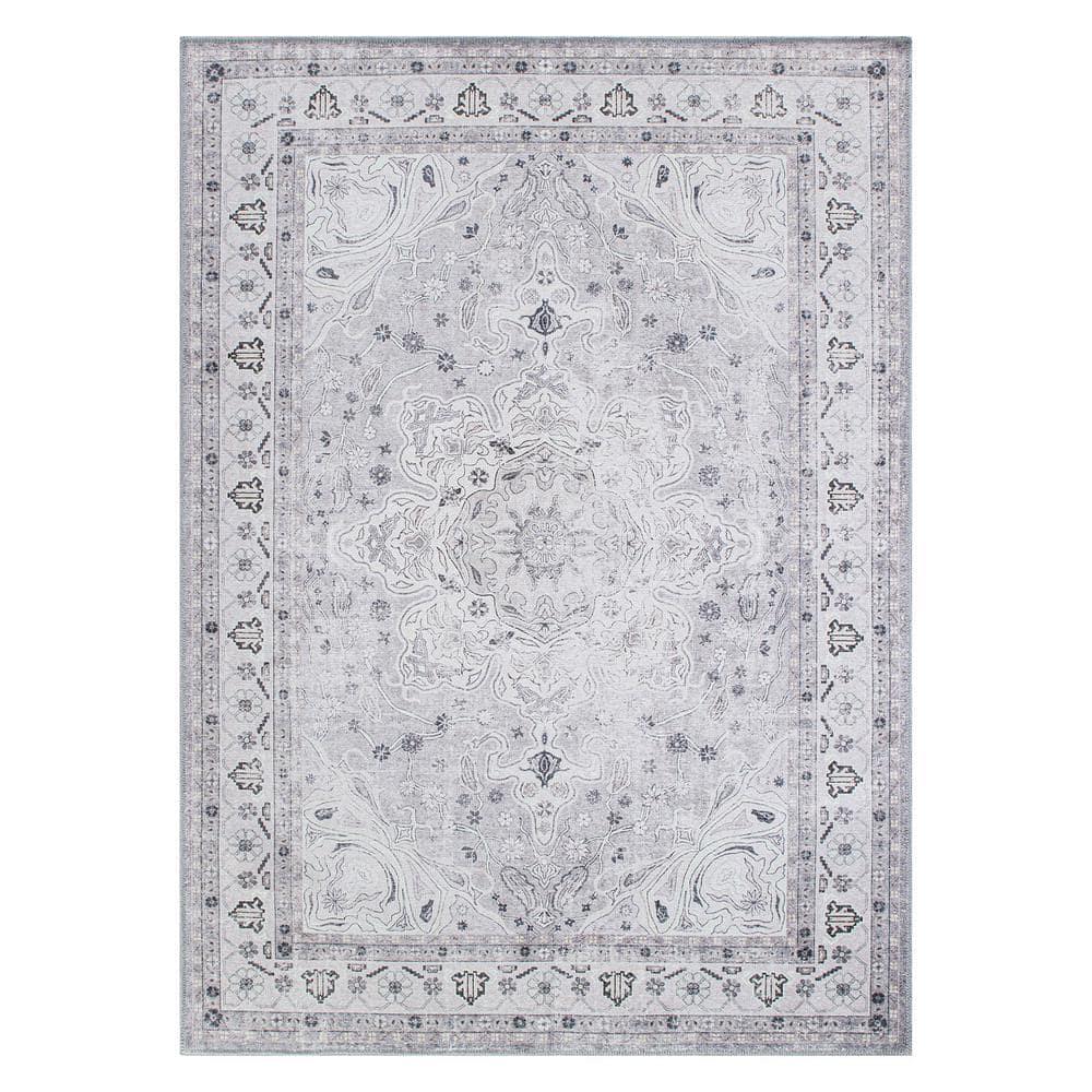 World Rug Gallery Transitional Medallion Machine Washable 5'x7' Gray Area Rug:  Stain-Resistant,  Flat Pile,  Indoor Use
