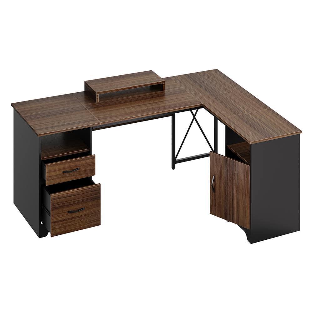 Bestier 63'' L Shaped Home Office Desk with File&Storage Drawers and Cabinet, Executive Desk with Monitor Stand and Open Compartments, Cherry