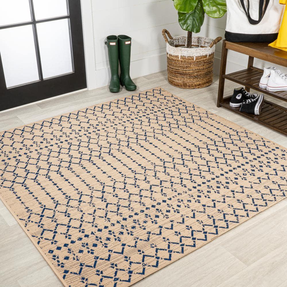 5' x 5' Ourika Moroccan Geometric Textured Weave Indoor/Outdoor Area Rug, Beige/Navy - JONATHAN Y