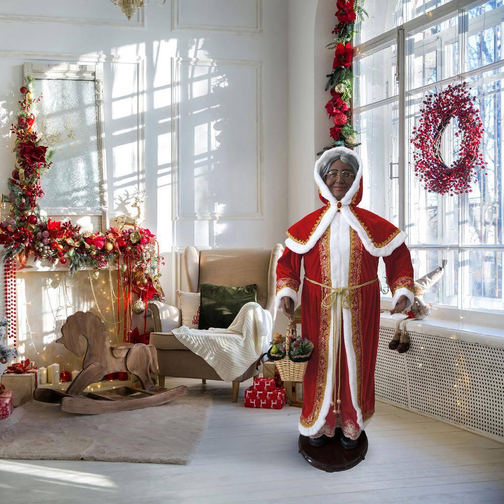 African American Dancing Mrs. Claus with Hooded Cloak and Basket Figurine