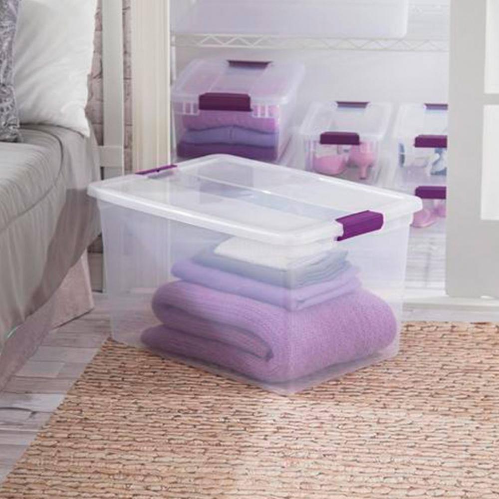 Sterilite 66 Qt ClearView Latch Storage Box, Stackable Bin with Latching Lid, Plastic Container to Organize Clothes in Closet, Clear Base, Lid, 6-Pack