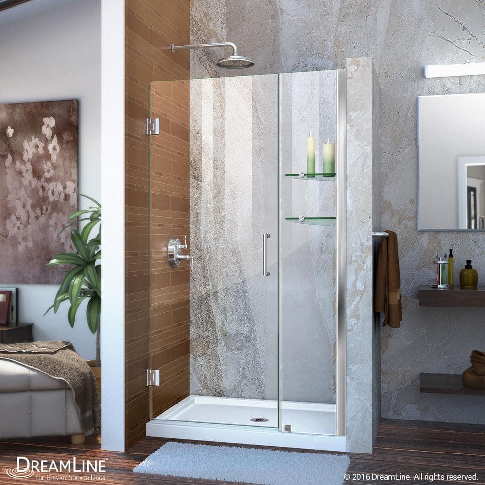 Unidoor Frameless Hinged Shower Door with Glass Shelves