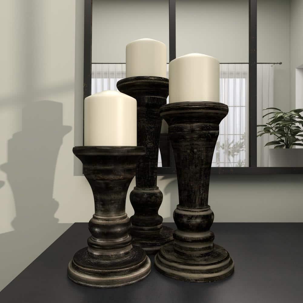 DecMode 3 Candle Black Mango Wood Candle Holder, Set of 3