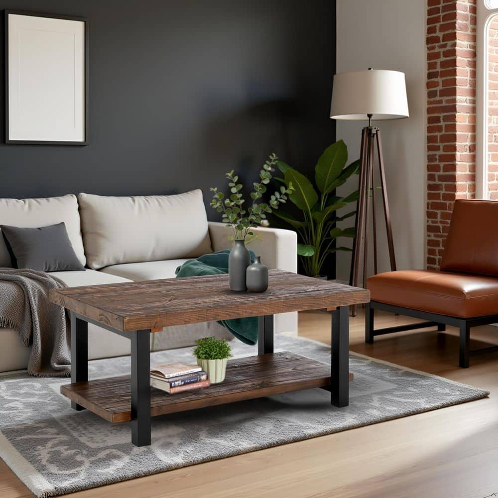 Alaterre Furniture 42" Pomona Wide Coffee Table Wood Rustic Natural: Fixed Shelf, Metal Frame, Living Room Furniture