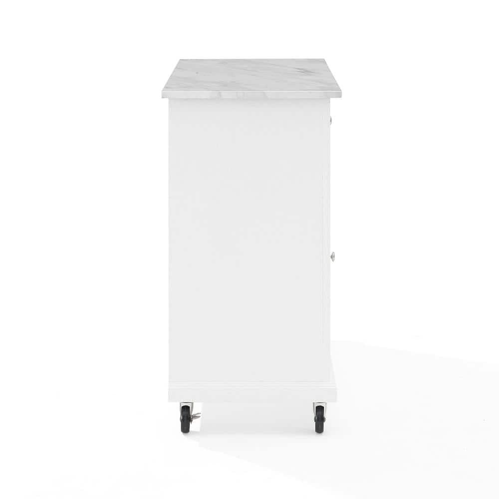 Avery Kitchen Island/Cart Distressed White/White Marble - Crosley: Adjustable Shelves, Particle Board Frame, 6 Shelves, 2 Drawers