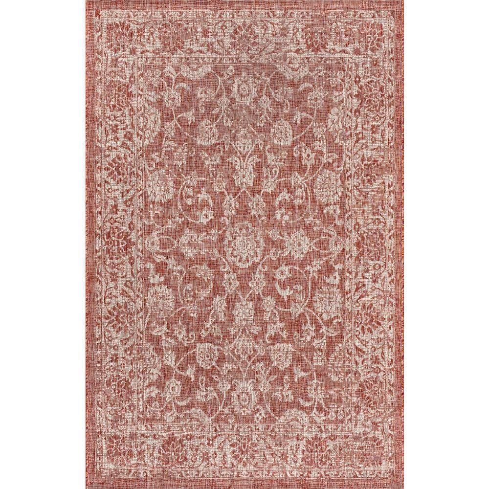 8'x10' Tela Bohemian Textured Weave Floral Indoor/Outdoor Area Rug, Red/Taupe - JONATHAN Y