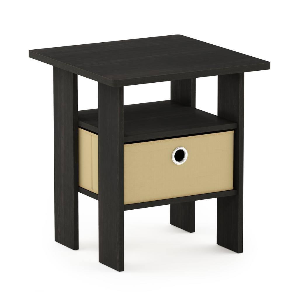 Furinno Andrey Engineered Wood End Table with Bin Drawer in Espresso/Brown