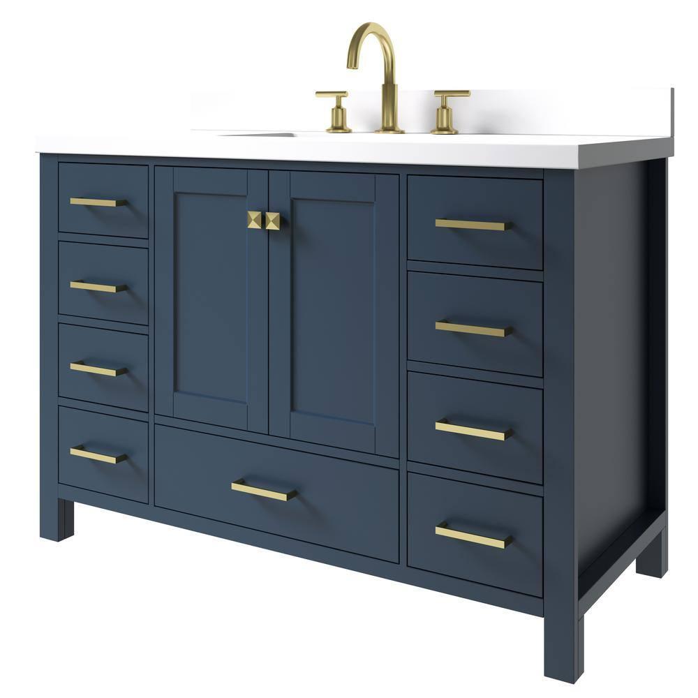 ARIEL 49" Bathroom Vanity with 1.5" Edge Pure White Quartz Countertop & Backsplash, Center Rectangular Sink, 2 Soft Closing Doors, 9 Full Extension Dovetail Drawers, Brushed Nickel - Midnight Blue