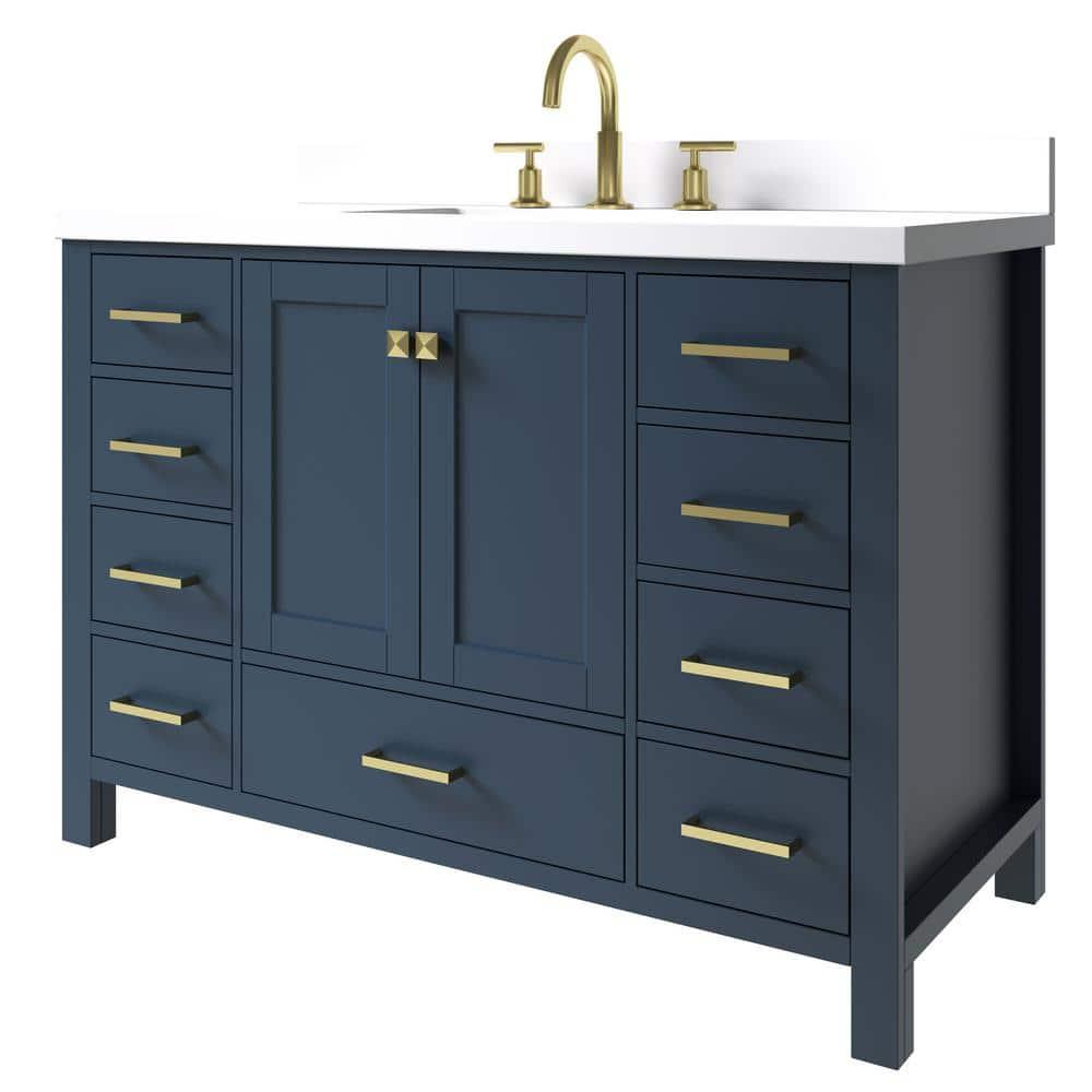 ARIEL 49" Bathroom Vanity with 1.5" Edge Pure White Quartz Countertop & Backsplash, Center Rectangular Sink, 2 Soft Closing Doors, 9 Full Extension Dovetail Drawers, Brushed Nickel - Midnight Blue