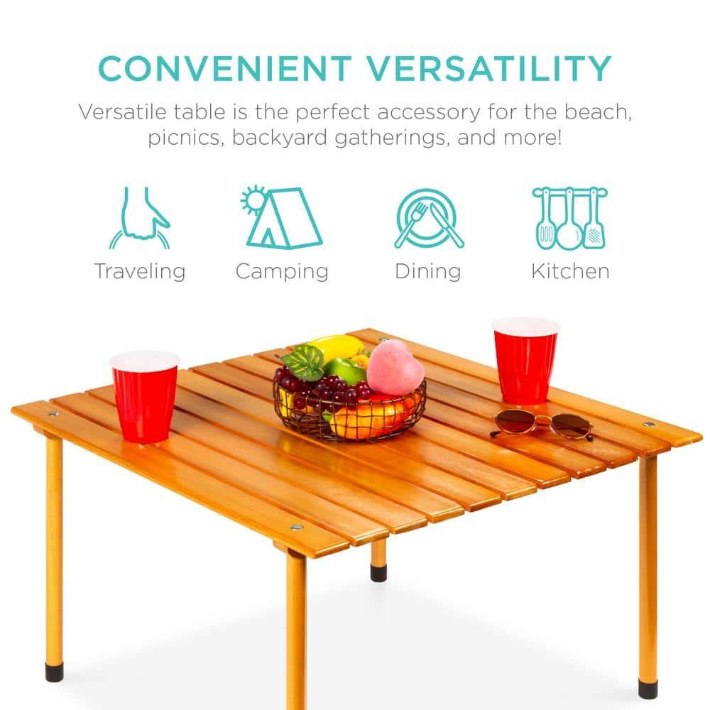 KIBNOF Best Choice Products 28x28in Foldable Indoor Outdoor All-Purpose Portable Wooden Table for Picnics, Camping, Beach, Tailgating, Patio, Kitchen, Living Room w/Carrying Case - Brown