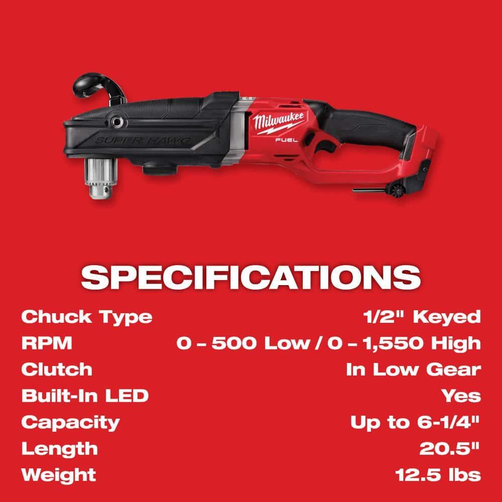 Milwaukee 2809-20 M18 FUEL 18-Volt Lithium-Ion Brushless Cordless GEN 2 Super Hawg 1/2 in. Right Angle Drill (Tool-Only)