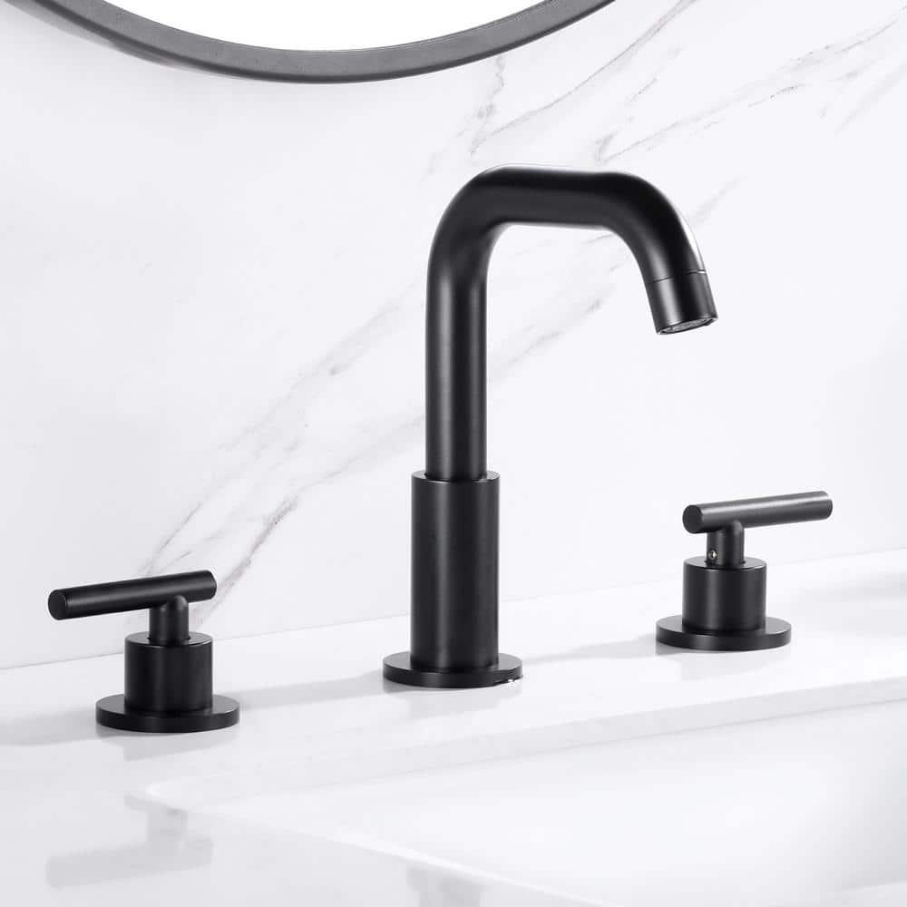 Matte Black 8 inch Widespread Bathroom Sink Faucet Vanity Lavatory Faucet for 3 Holes with Pop up Drain and 360 Degree Swivel Brass Spout