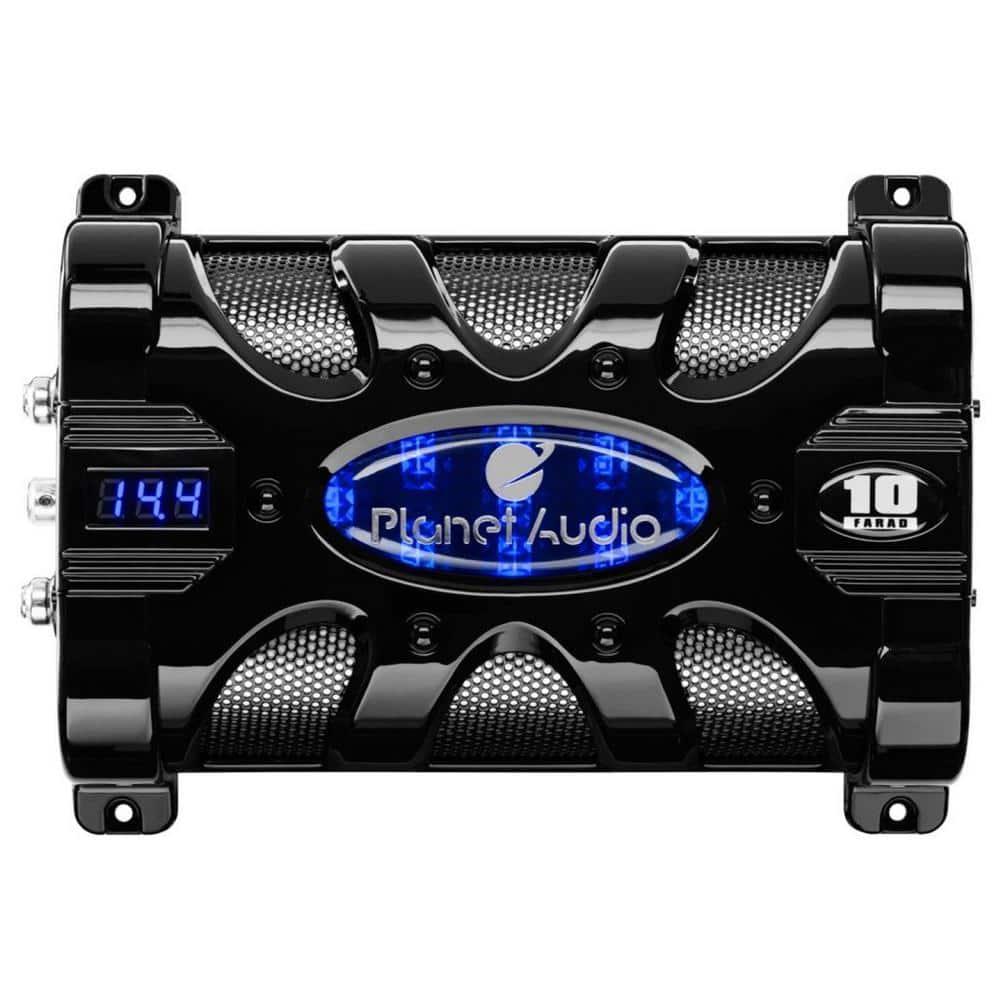 Planet Audio PC10F 10 Farad 24-Volt DC Surge 3-Digit Digital Blue LED Voltage Display Car Audio Power Capacitor Cap, Black