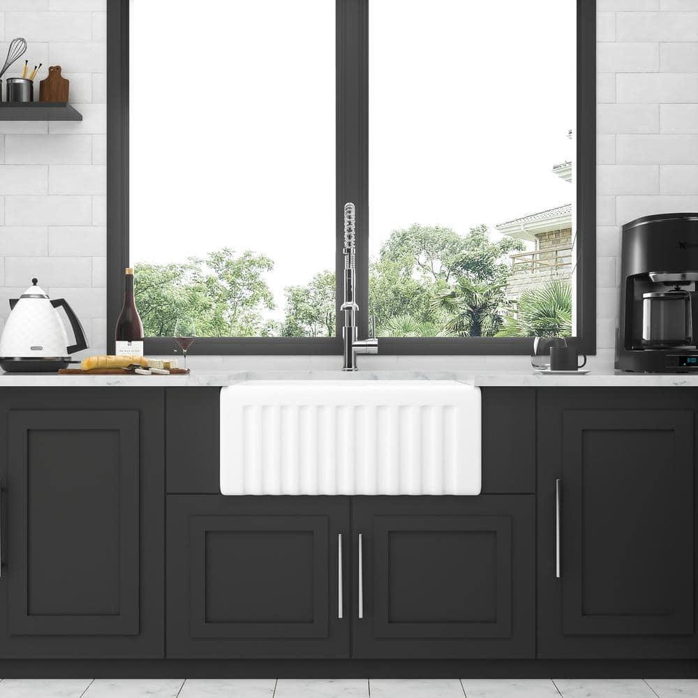 24 Inch Farmhouse Sink , White Farm Sink for Small Kitchen and Laundry, Luxury Fireclay Porcelain Ceramic Apron Sink Single Basin with Bottom Grid and Strainer