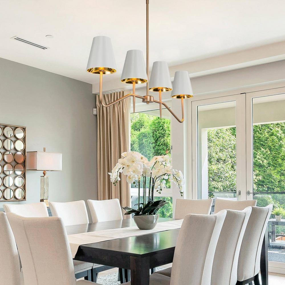 Brightever 4-Light Gold Linear Chandelier, Kicthen Island Light Fixture for Dining Room Over Table, Modern Pendant Lighting with White Fabric Shades for Pool Table, E12 Base (Bulb not Included)