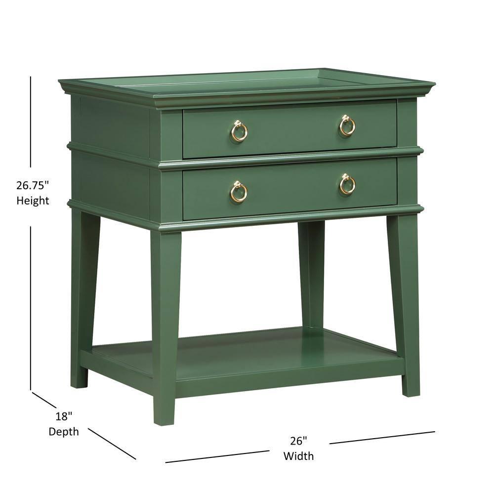 Comfort Pointe Clara Vintage Green Wood 2-Drawer Tray Top Nightstand