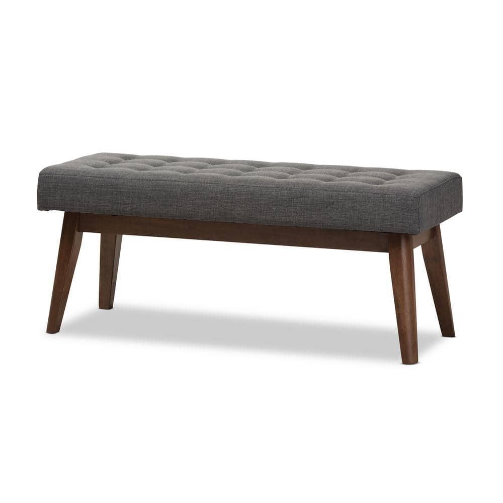 Baxton Studio Elia Mid Century Modern Walnut Wood Fabric Button Tufted Bench Dark Gray: Rubberwood Frame, Polyester Upholstery, 400lb Capacity