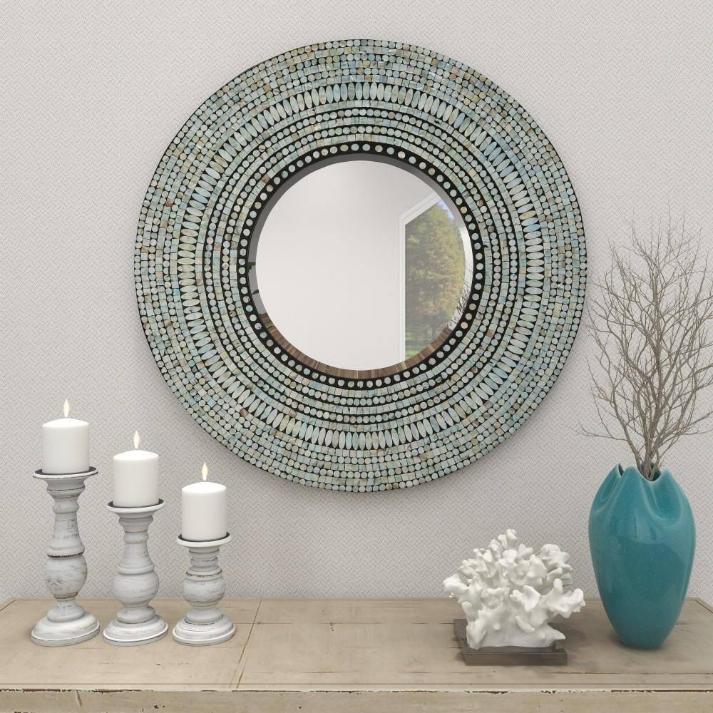 Olivia & May Wood Handmade Mosaic Wall Mirror Silver : Nautical Coastal Decor, 31.5" Round, No Assembly Required
