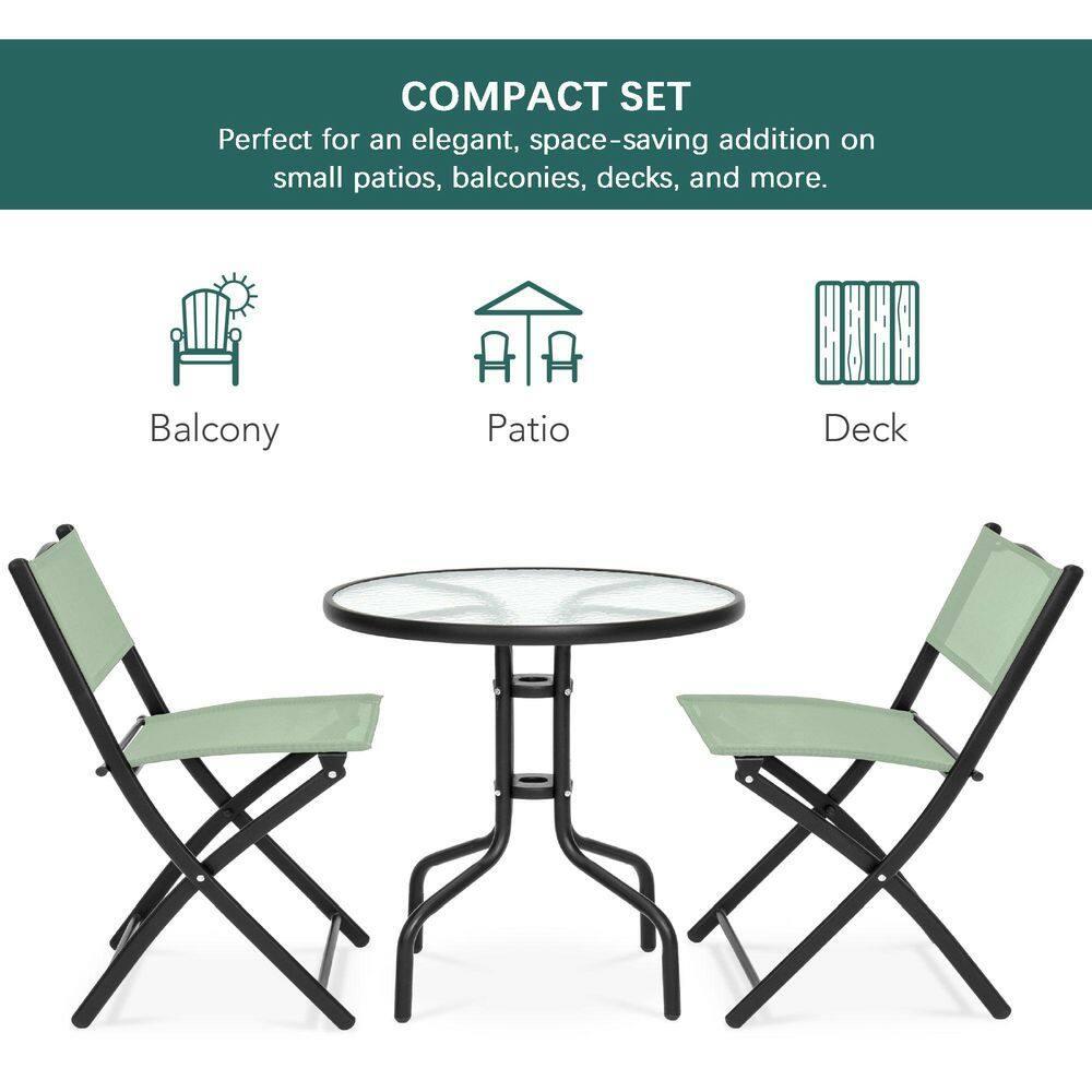 George Oliver 3-Piece Patio Bistro Dining Furniture Set W/ Glass Tabletop, Folding Chairs