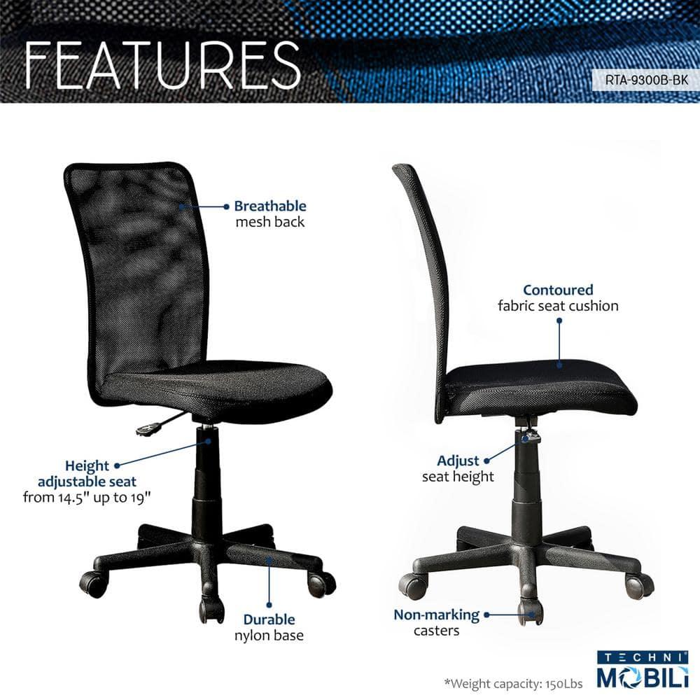 Mesh Task Office Chair Black - Techni Mobili: Pneumatic Height Adjustment, 5-Star Base, Armless