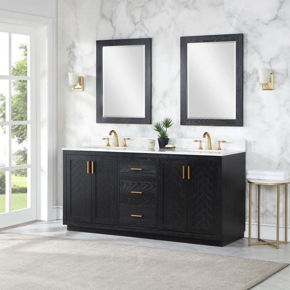 Gazsi 72" Double Bathroom Vanity Set in Black Oak with Grain White Composite Stone Countertop Without Mirror