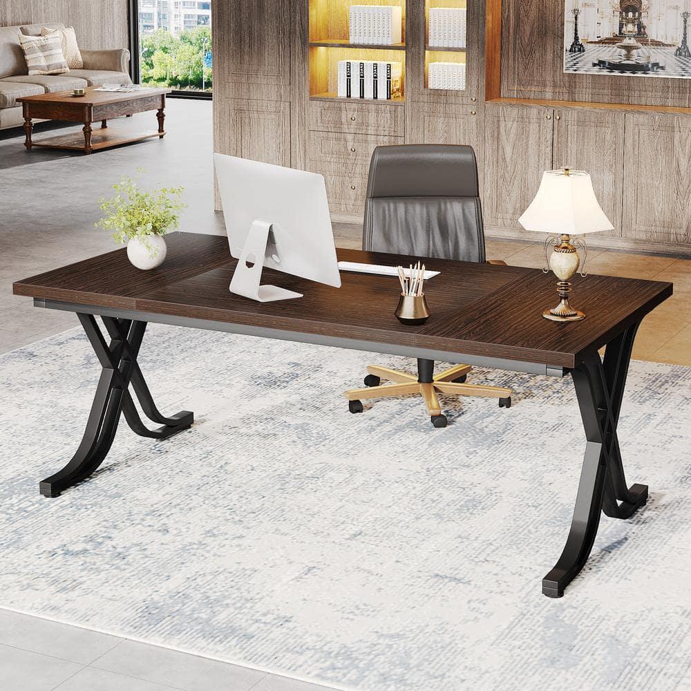 Tribesigns 63 Inch Executive Desk, Large Office Computer Desk with Thick Wooden Tabletop and Metal Frame, Modern Simple Workstation Writing Table Study Desk for Home Office, Walnut Brown