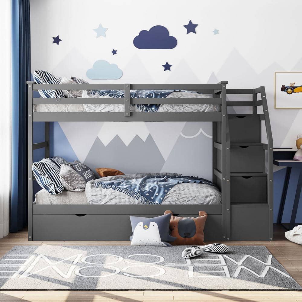 Gray Twin Over Twin Pine Wood Bunk Bed with Trundle and Storage Stairs