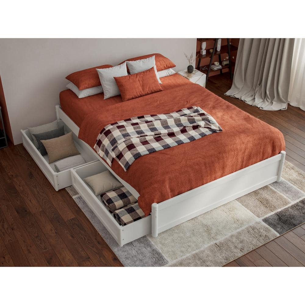 Barcelona Full Solid Wood Panel Platform Bed with Storage Drawers in White