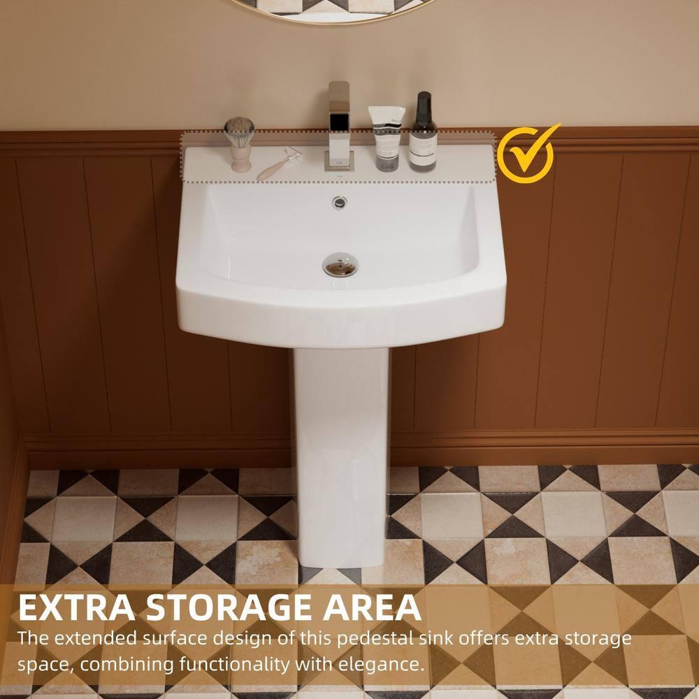 Classic Vintage Bathroom Pedestal Sink, Los Flexi 23"W x 19"D White Ceramic Freestanding Sinks for bathrooms, Overflow, 3 Pre-Drilled Holes for 4-Inch Faucets, Easy Install
