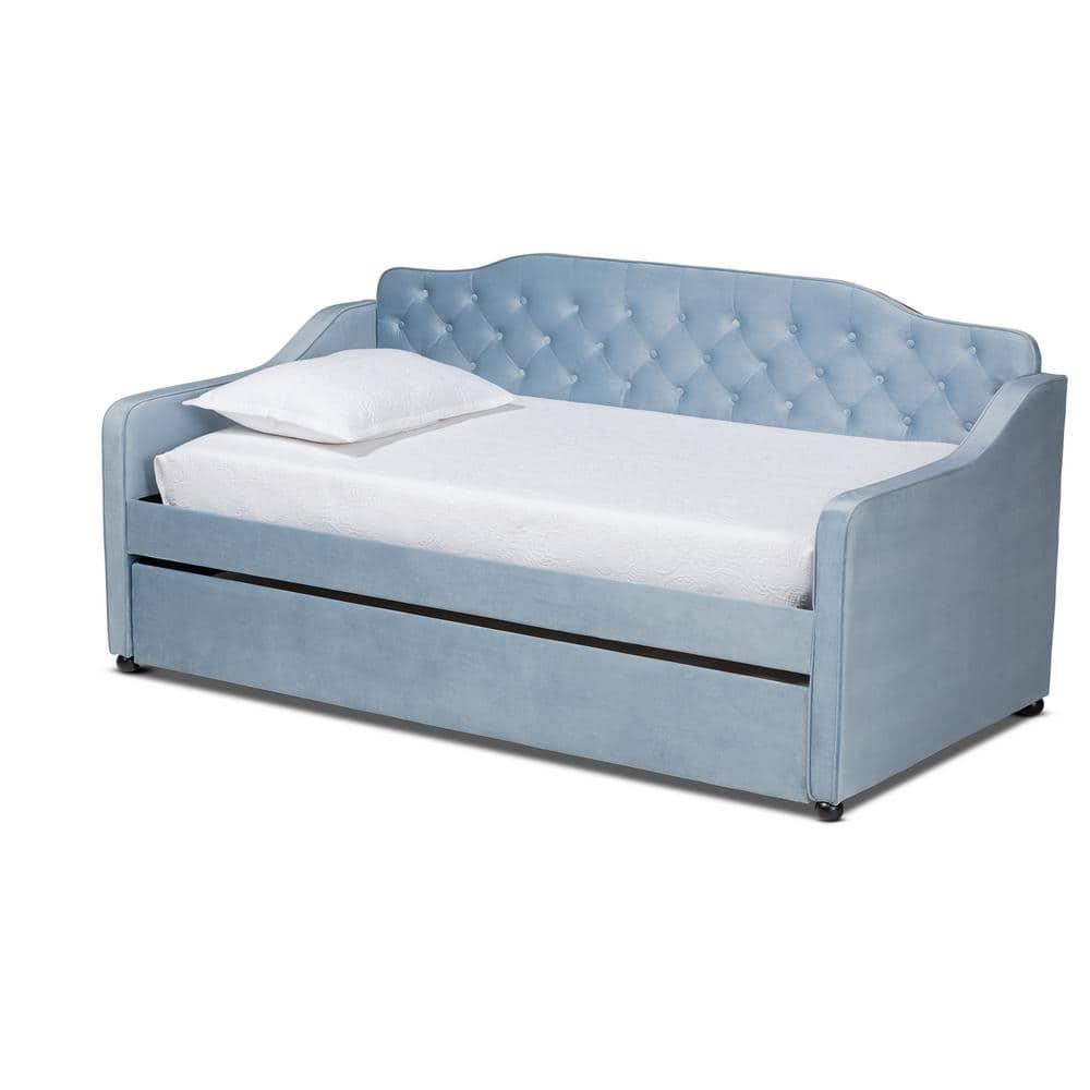 Twin Freda Velvet Tufted Daybed with Trundle Light Blue - Baxton Studio: Upholstered, Mid-Century Modern, No Box Spring Required