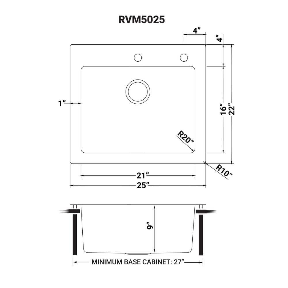 Ruvati 25 x 22 inch Drop-in Topmount Kitchen Sink 16 Gauge Stainless Steel Single Bowl