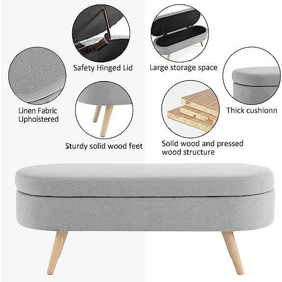 Sumdeal 43.5" Storage Ottoman Bench with 250lb Seating, Linen Upholstered Wood Legs Safety Hinge Flip Top Oval Foot Rest Long Stool for Sofa Couch Bedroom End of Bed Living Room Entryway, Grey