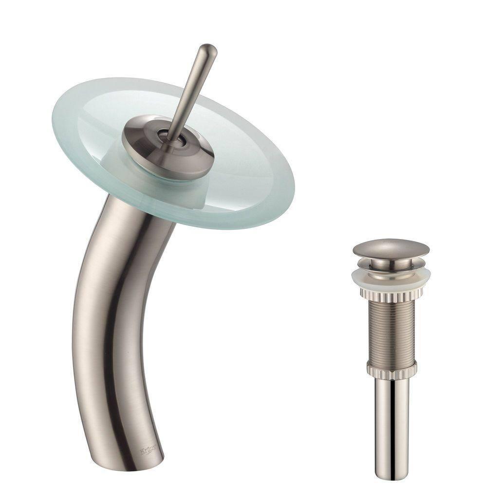 KRAUS Tall Waterfall Bathroom Faucet for Vessel Sink with Frosted Glass Disk and Pop-Up Drain, Satin Nickel Finish
