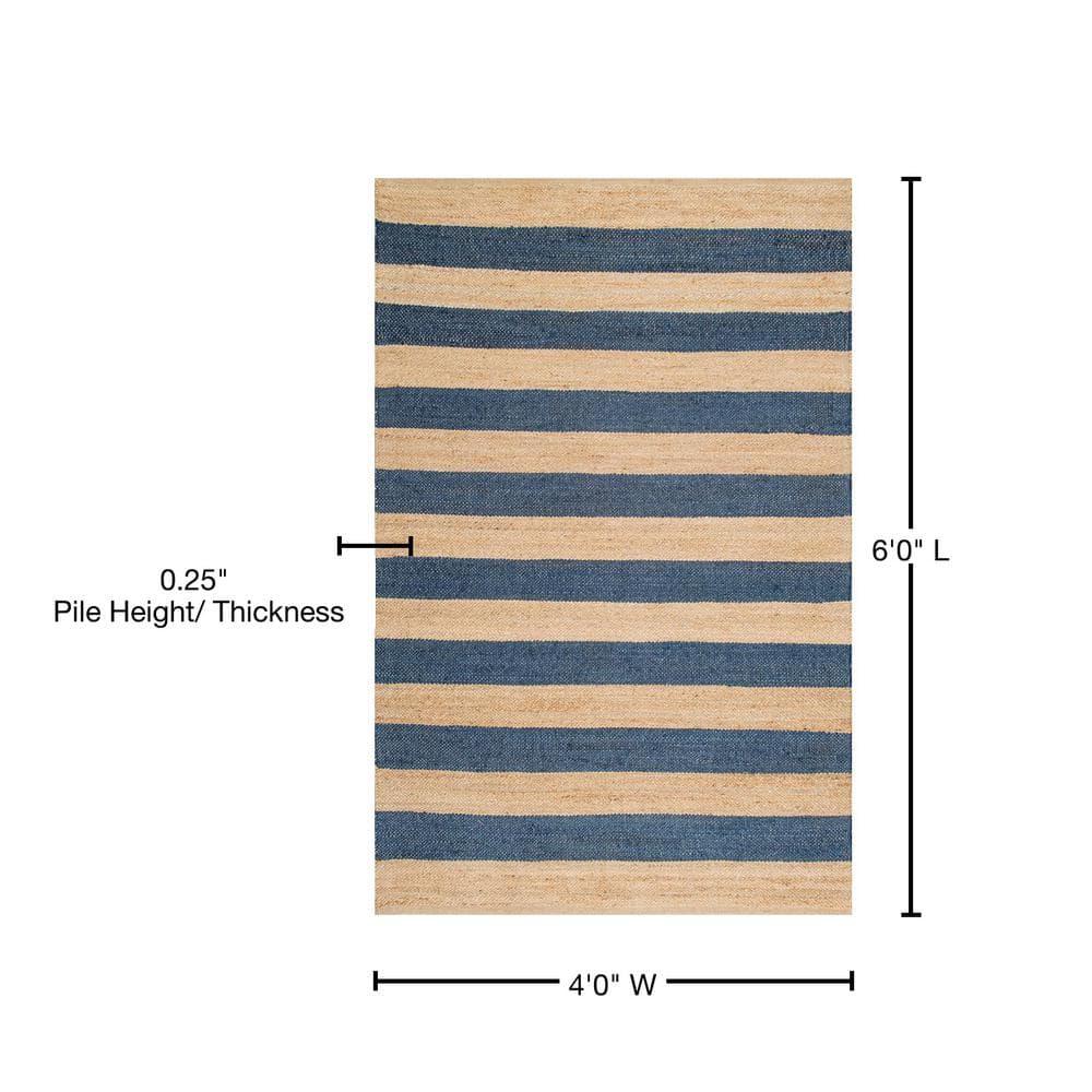 Nuloom Alisia Striped 4x6 Jute Indoor Area Rug for Dining Room Rug Neutral Rug Living Room Rug Kitchen, Denim/Tan