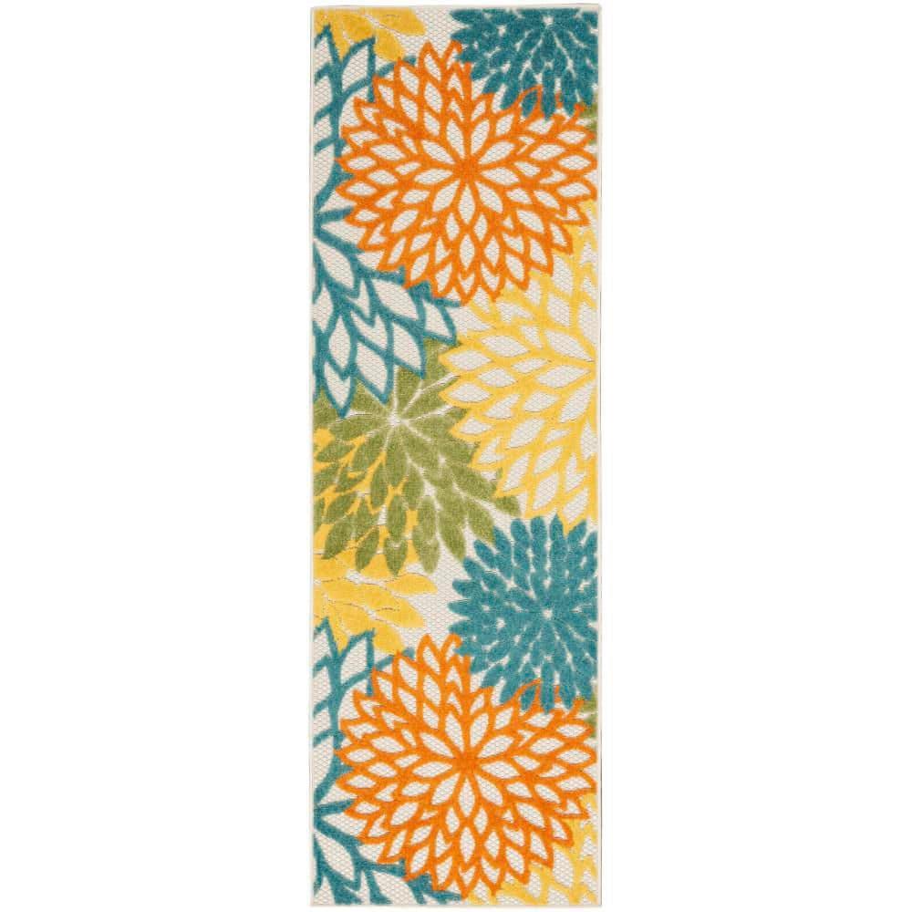 Nourison Aloha Floral Bloom Flatweave High-Low Indoor Outdoor Runner Rug Turquoise Multicolor 2' x 6'