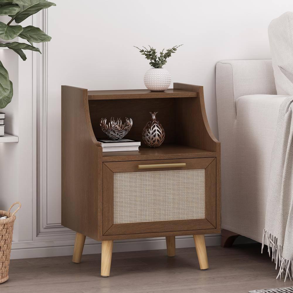 Noble House Barrere End Table with Hutch, Walnut, Natural, and Antique Gold