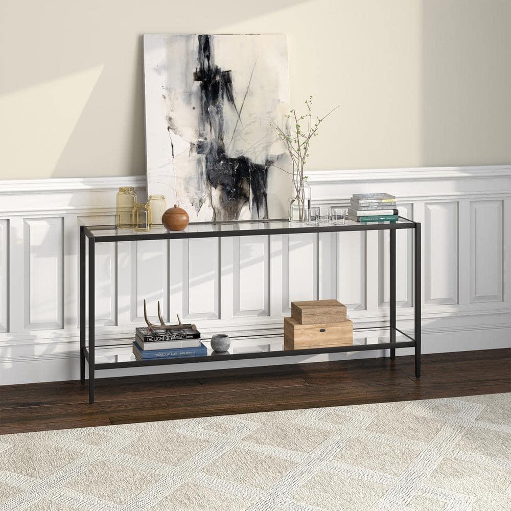 Aurora Modern Mirrored Console Table with Glass Shelf in Blackened Bronze