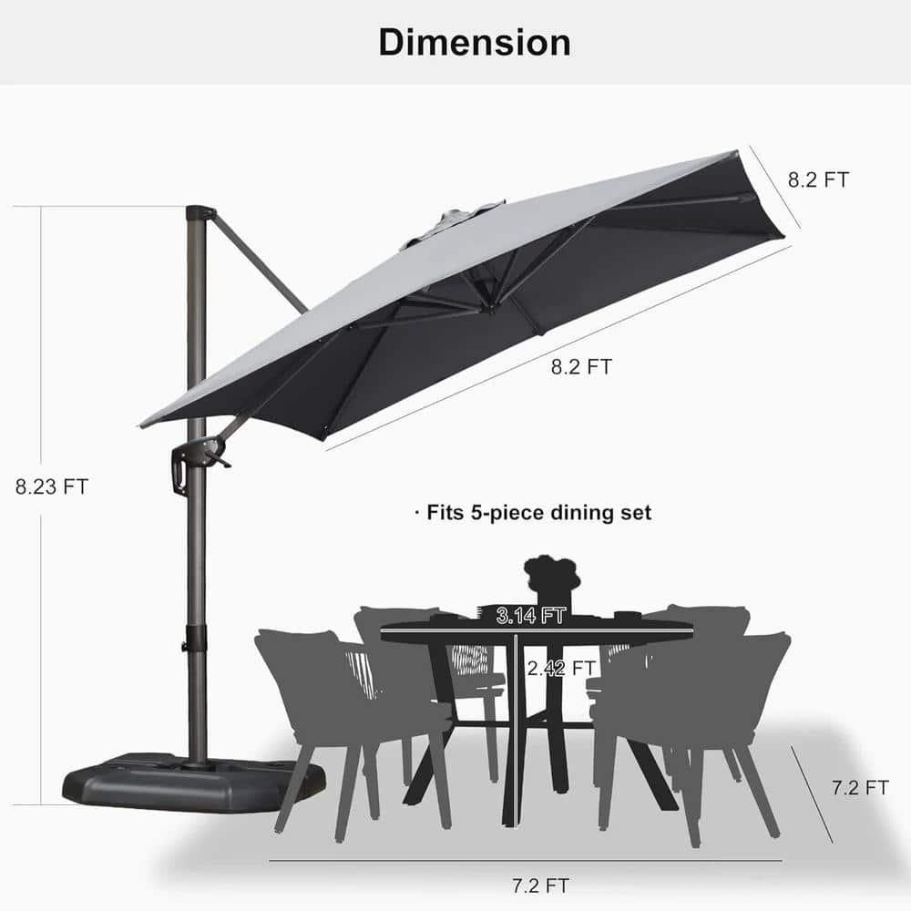 PURPLE LEAF 8 Feet Patio Umbrella Outdoor Cantilever Square Umbrella Aluminum Offset Umbrella with 360-degree Rotation for Garden Deck Pool Patio, Light Grey