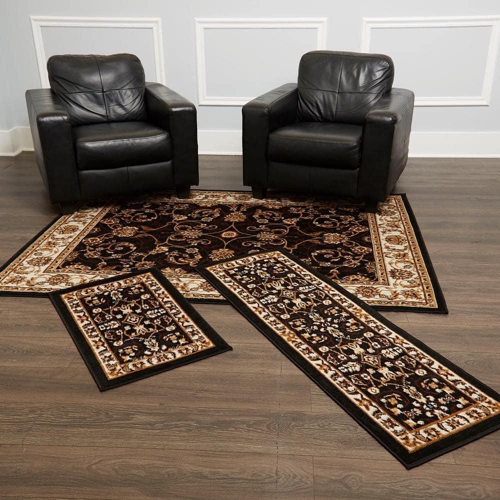 Home Dynamix Ariana Badah Damask Border Area Rug, Black/Ivory, 3-Piece Set