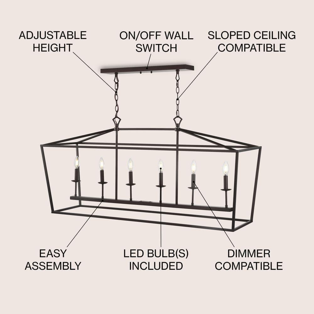 Pagoda 49" Linear 6-Bulb Lantern Metal LED Pendant, Oil Rubbed Bronze