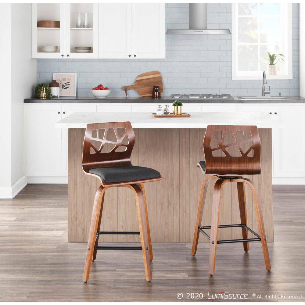 Set of 2 Folia Counter Height Barstools Walnut/Charcoal - LumiSource: Upholstered, Wood Frame, Fixed Height