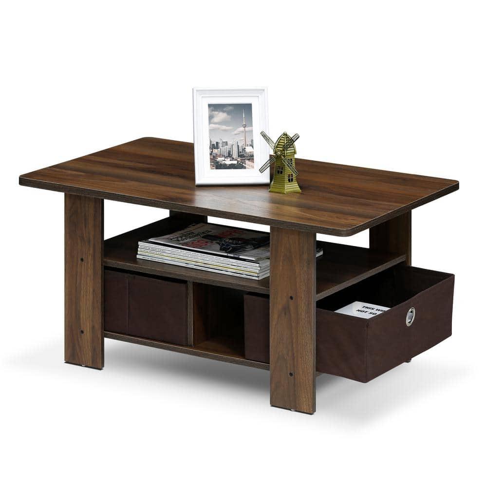 FETON Andrey Coffee Table with Bin Drawer, Columbia Walnut/Dark Brown