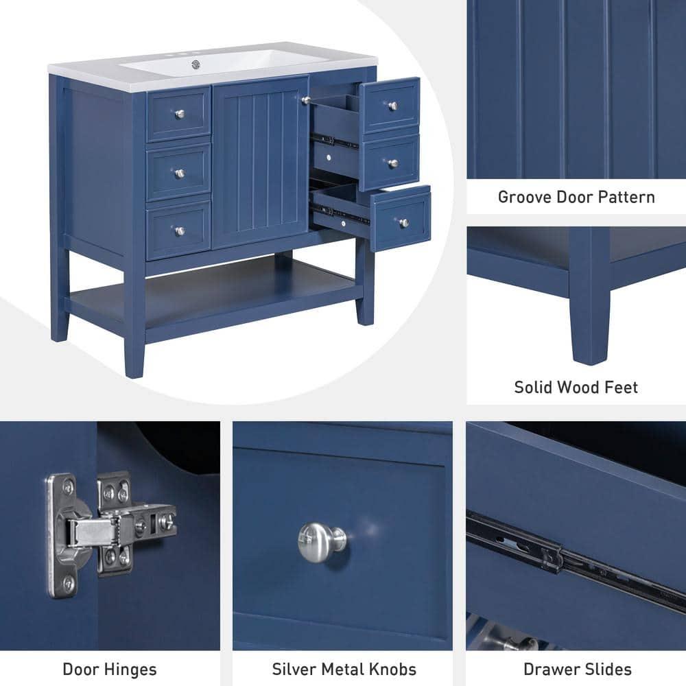 36" Bathroom Vanity with Sink Combo, Bathroom Vanity and Sink Set with 1 Cabinet and 3 Drawers, Solid Wood and MDF Board Frame, Blue