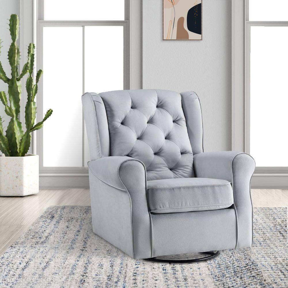 Gray Swivel Accent Chair with Wood Base, 35 Inch