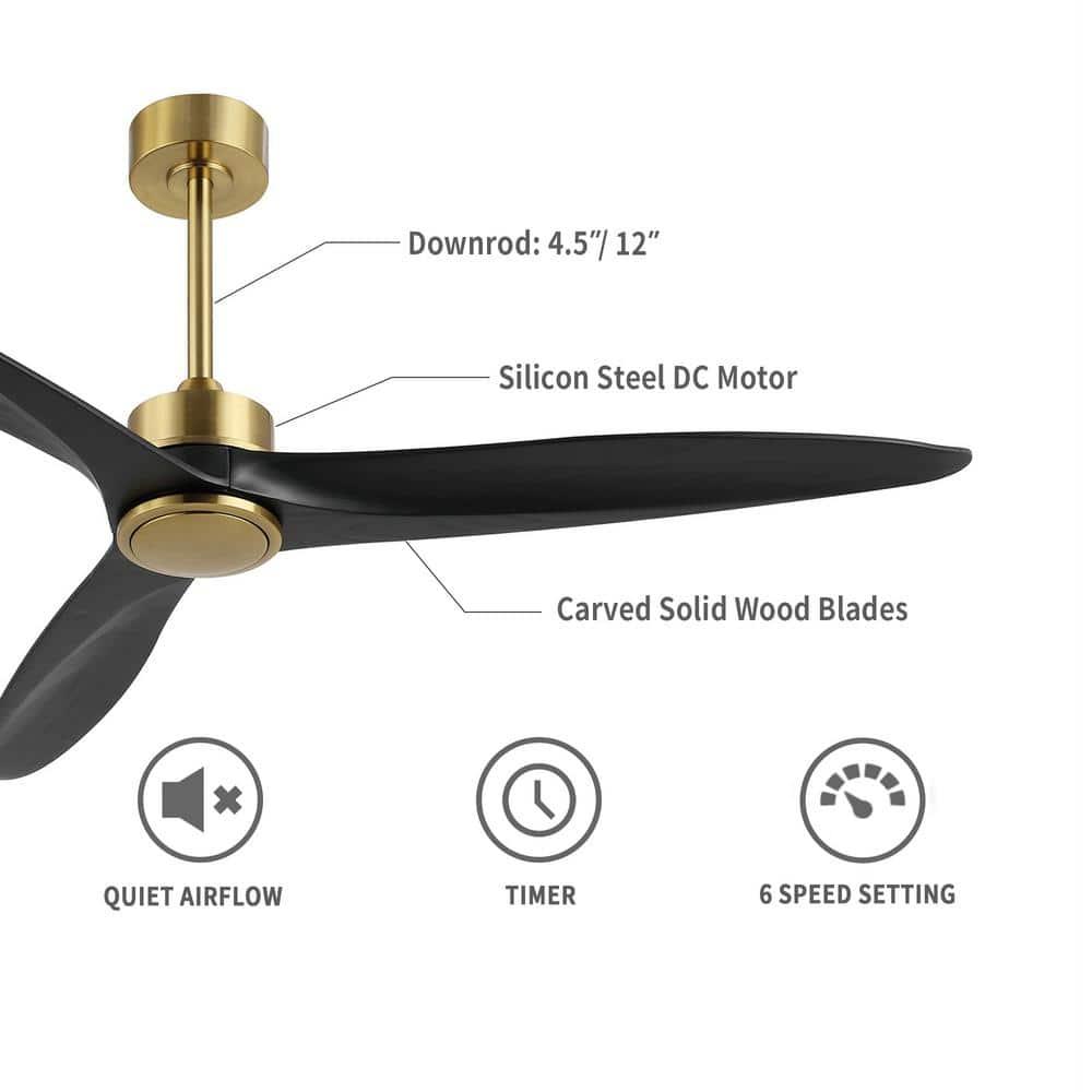 52" Solid Wood 3-Blade Propeller Ceiling Fan with Remote Control Gold/Black