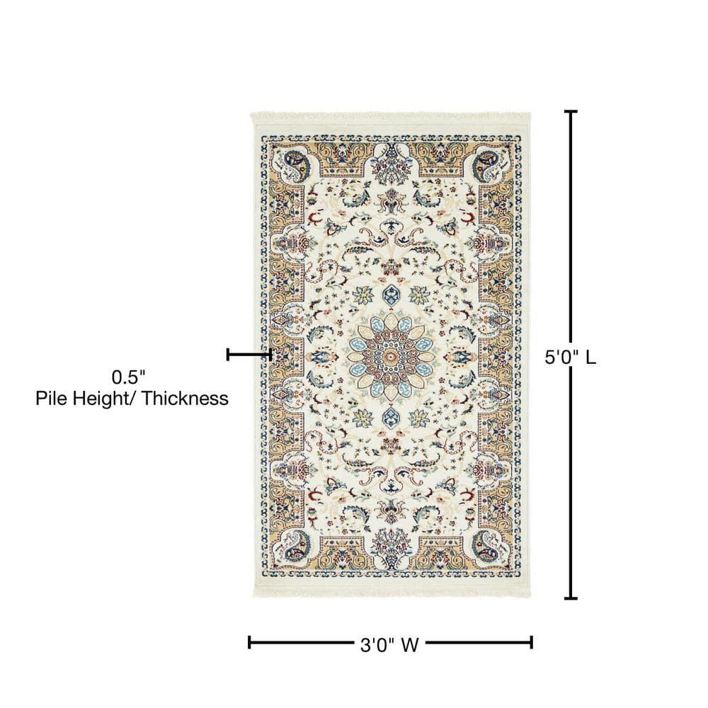 Rugs.com Rabia Collection Rug – 3' x 5' Ivory Low Rug Perfect For Entryways, Kitchens, Breakfast Nooks, Accent Pieces