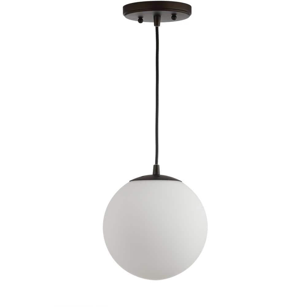 Bleecker 7.75" Metal/Glass Globe LED Pendant, White/Oil Rubbed Bronze